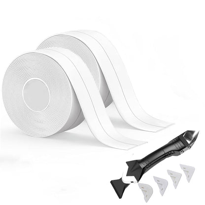 White Caulk Tape Waterproof Self Adhesive, Caulking Tape, Sealer Strip for Bathroom, Toilet Base, Shower, Bathtub, Sink, Countertop Edge Protector, Easy to Use with Silicone Caulking Tool
