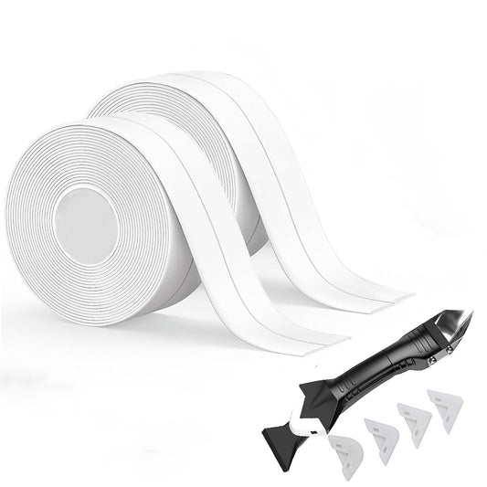 White Caulk Tape Waterproof Self Adhesive, Caulking Tape, Sealer Strip for Bathroom, Toilet Base, Shower, Bathtub, Sink, Countertop Edge Protector, Easy to Use with Silicone Caulking Tool