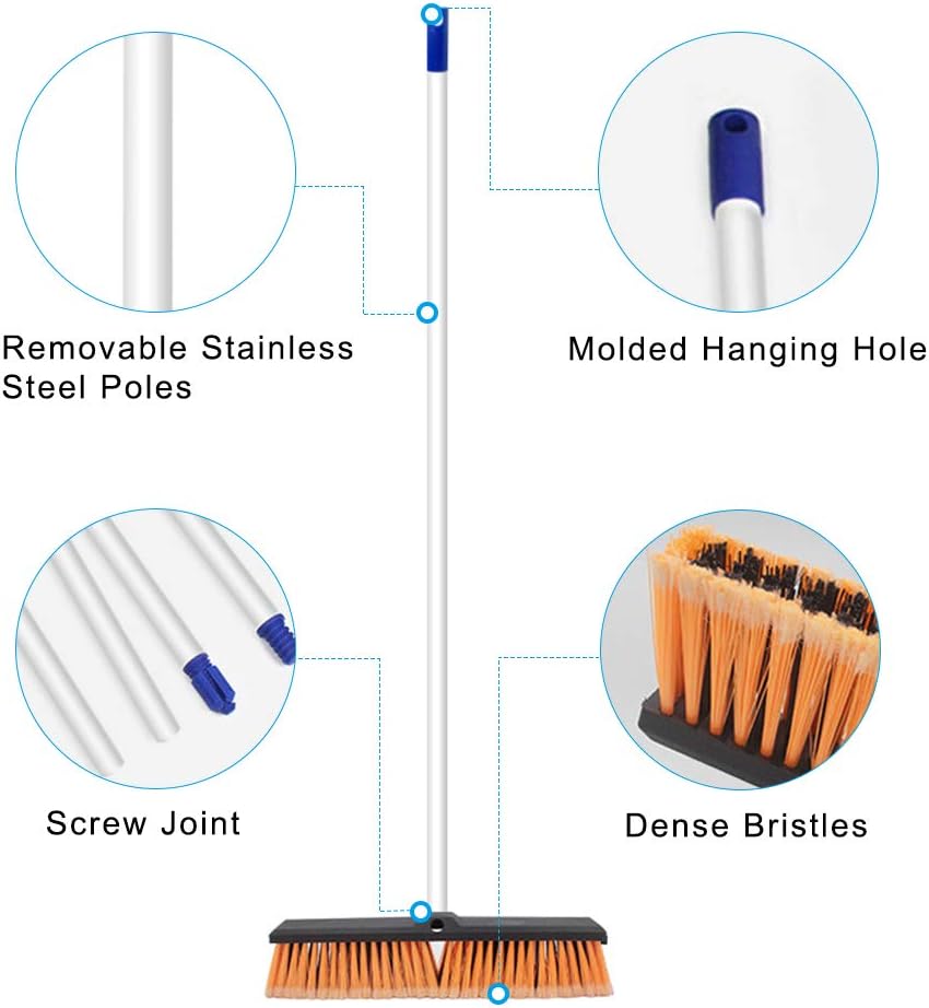 18 Inch Push Broom Brush Outdoor Heavy Duty Broom Stiff Bristles Commercial Outdoor Broom Brush for Cleaning Garage Driveway Yard Patio Deck Concrete Wood Stone Floor with 63" Long Handle