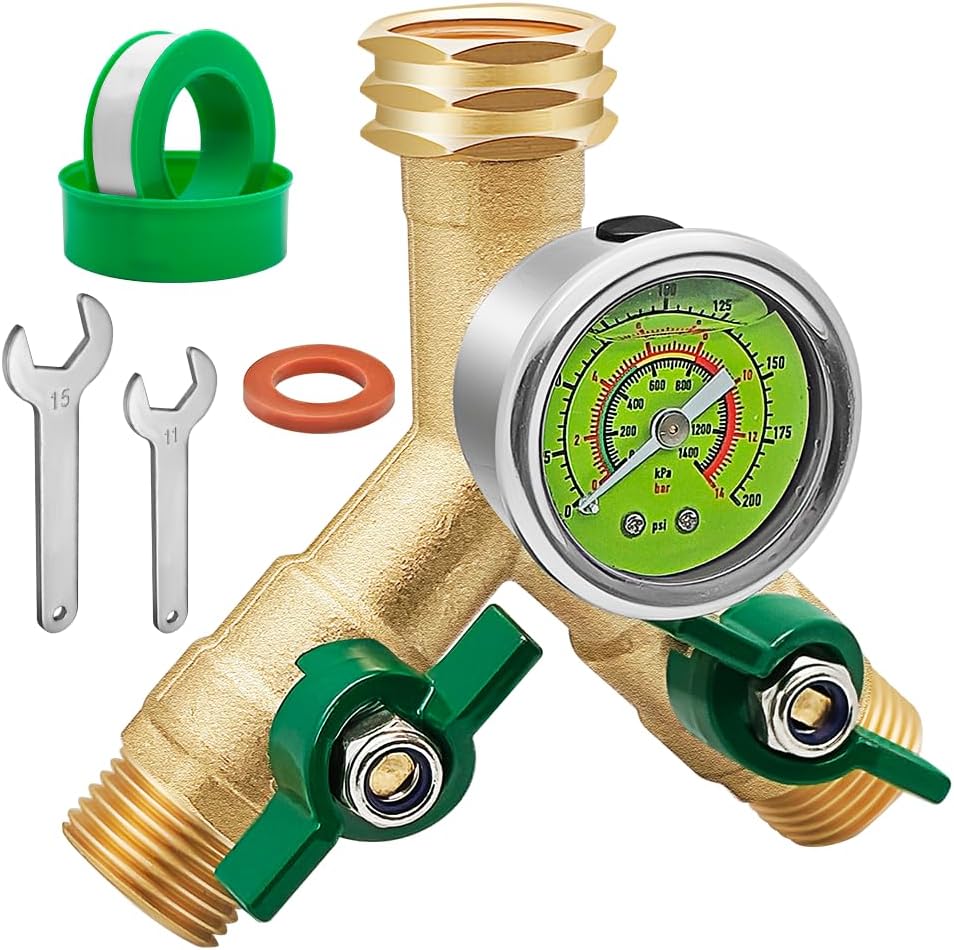 Brass Garden Hose Splitter Full Flow, Hose Splitter 2 Way Heavy Duty, Large Rotate Grip Handles Hose Y Splitter with Shutoff, Garden Hose Splitter with 0-200 PSI Pressure Gauge, 3/4" GHT Threads