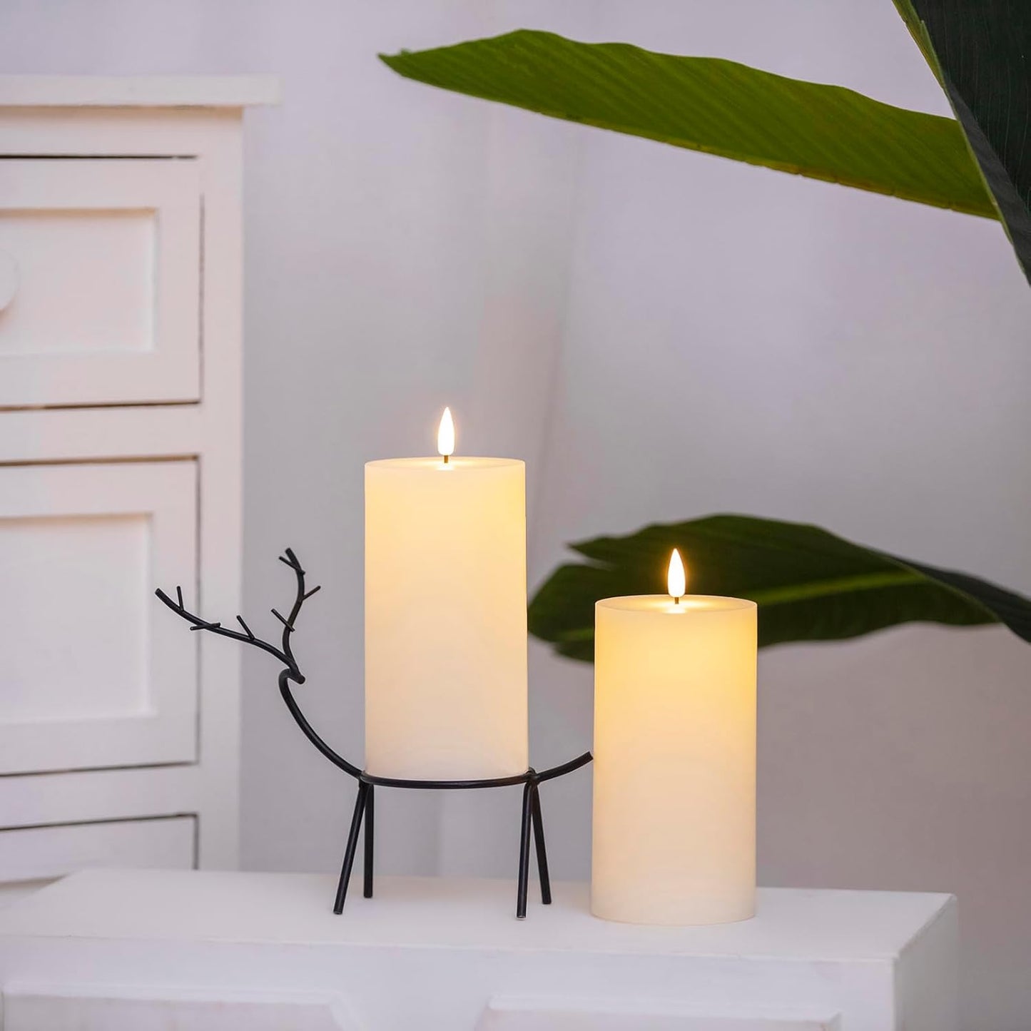 volnyus White Flameless Candles Set of 2 (3x6 inch) Flickering LED Wax Candles Battery Operated with Remote Control Timers for Night Light/Fireplace/Party Dimmable Pillar Candles Flat top