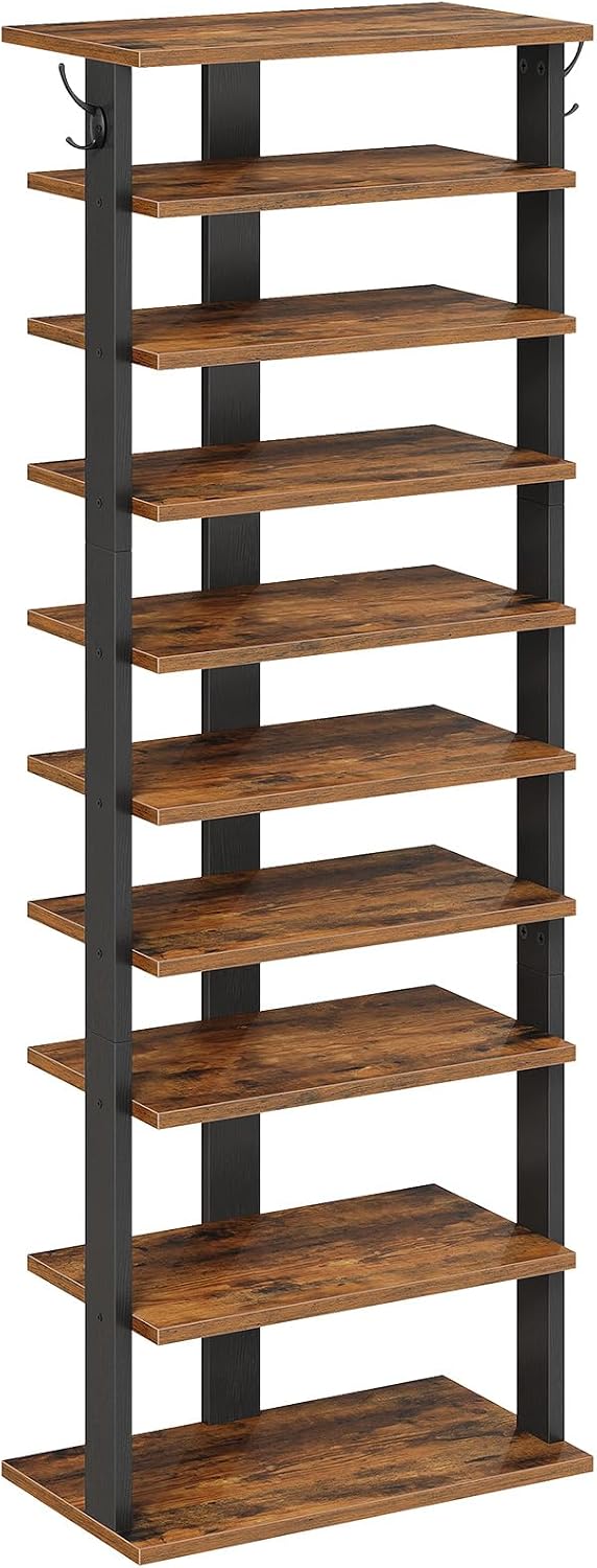 HOOBRO 8 Tiers Vertical Shoe Rack, Wooden Shoe Storage Organizer with Hooks, Narrow Shoe Tower for 8 Pairs, Space Saving, for Entryway, Living Room, Bedroom, Rustic Brown BF07XJ01G1