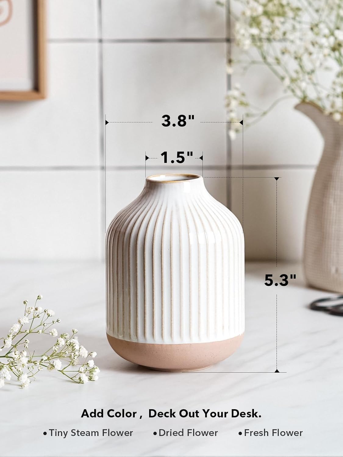 Small Boho Vase for Decor,Rustic Farmhouse Vase for Pampas Grass,Eucalyptus Set and Tiny Stem Flowers,Ceramic for Centerpieces, 5.3 Inch,Wave-Arctic White