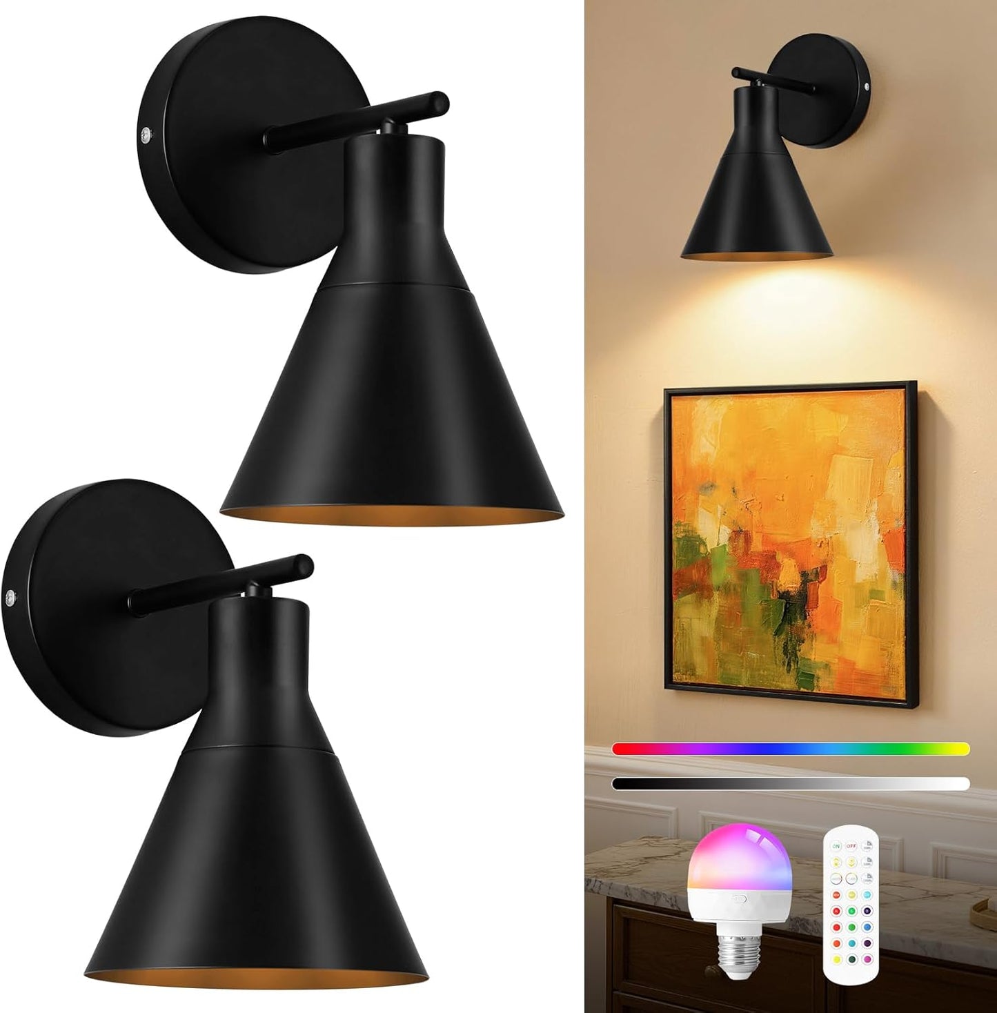 Modern Wireless Battery Operated Wall Sconces, Black Rechargeable Cordless LED Wall Lights Set of Two, Dimmable Battery Powered Wall Decor Lamp Fixture with Remote Control for Bedroom Indoor