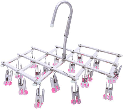 Drying Hanger, Hanging Drying Rack, Drip Hanger Stainless Steel with 18 Pegs for Laundry Underwear Socks, Quickly Remove Clothes from Hanger, Windproof, Folding Portable, (Red)