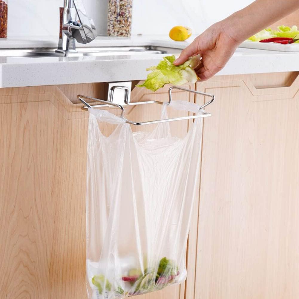 Hanging Garbage Bags Storage Organizer Rack Stainless Steel Trash Bag Holder Towel Gloves Hanger for Kitchen Cabinet Cupboard Drawer Back Door Hangers