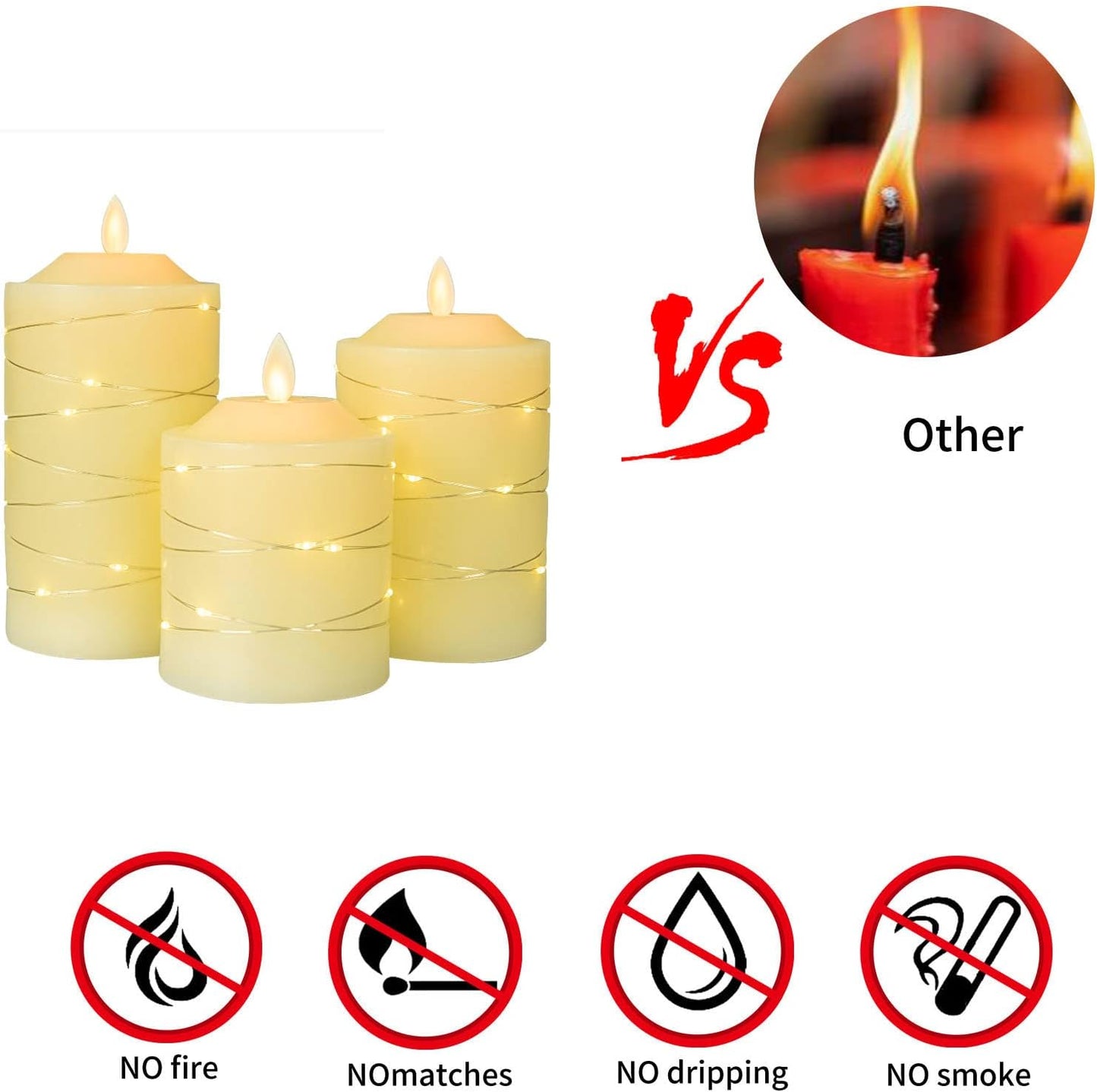 Flameless Flickering Battery Operated Candles D2.2''*H4 5" 6" 7" 8" 9" Set of 9 Ivory Real Wax Pillar LED Candles with 10-Key Remote and Cycling 24 Hours Timer (Ivory)