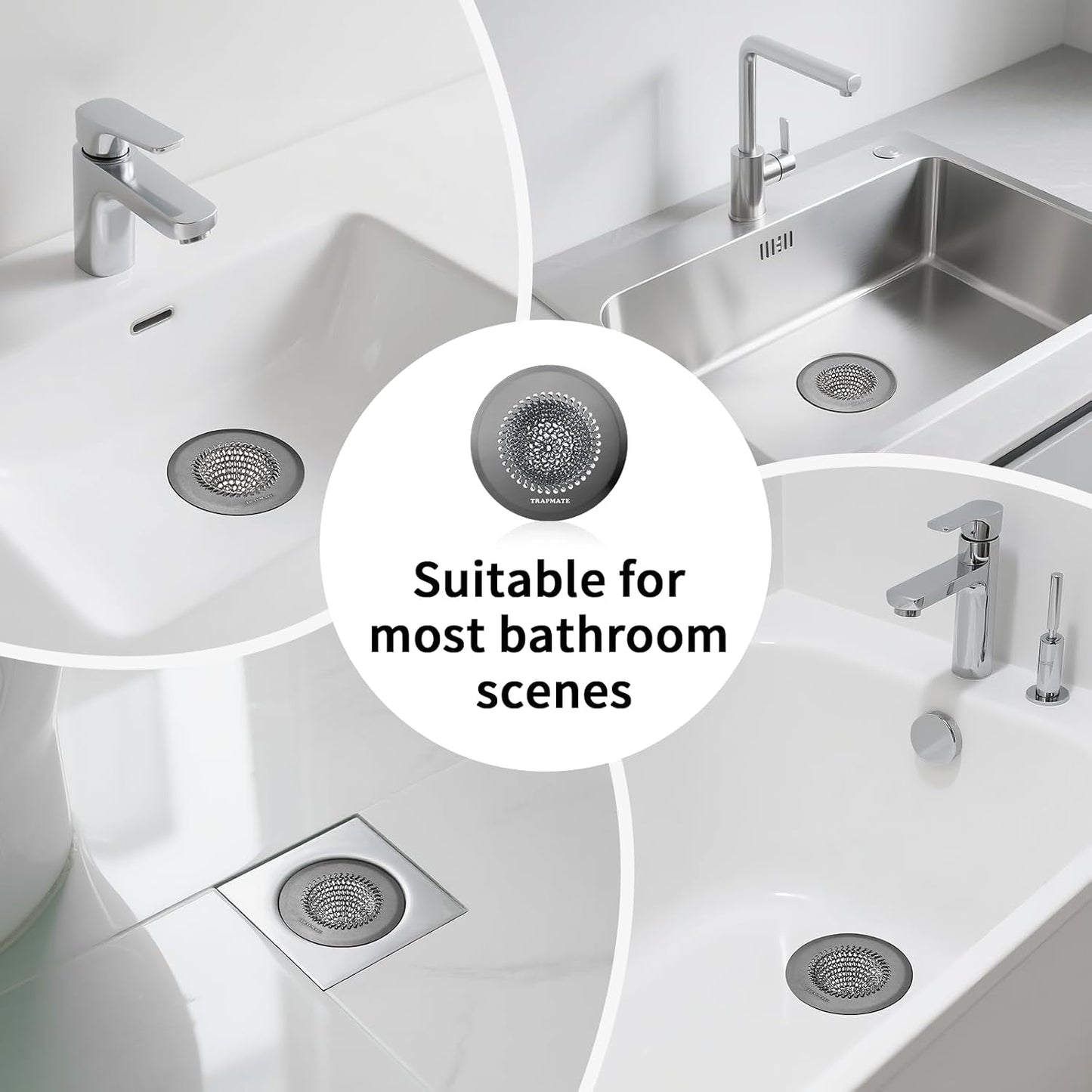 TRAPMATE Shower Drain Hair Catcher, 4.4" Easy Clean Bathtub Drain Hair Catcher, Anti-Slip Bath Tub Drain Protector, Upgraded 304 Stainless Steel Shower Sink Drain Cover for Bathroom (Patented Product)