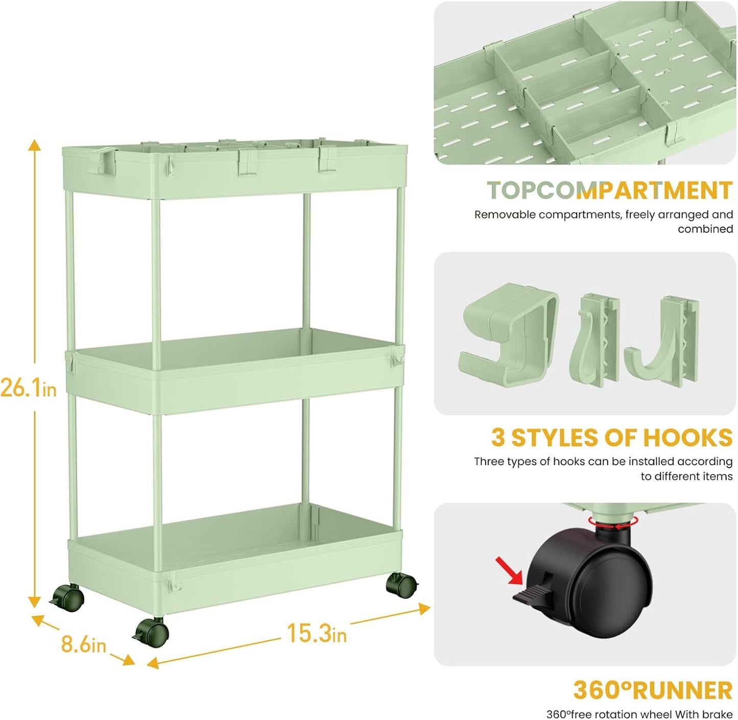SPACELEAD 3 Tier Rolling Cart with Wheels, Storage Craft Art Trolley Organizer Serving, 3 Hanging Baskets Easy Assembly, for Office, Bathroom，Living Room, Kitchen, White