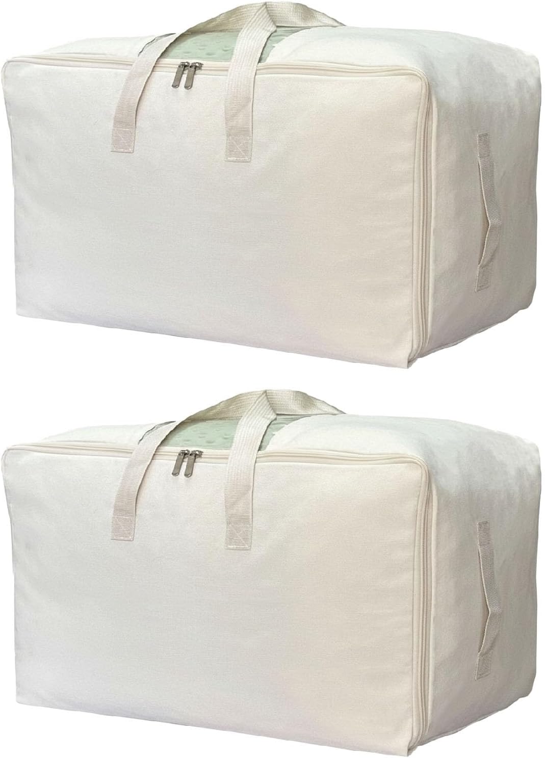DoYiKe Soft Large Canvas Storage Bags with Zipper and Clear Window, Cotton Linen Storage Organizer for Pillows, Quilt, Blankets and Comforter, 80L, 4 Pack, Beige