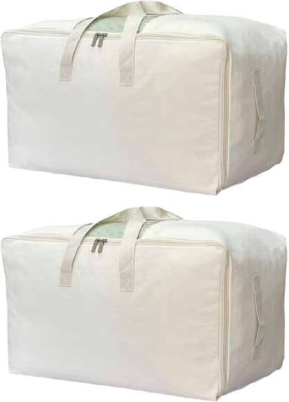 DoYiKe Soft Large Canvas Storage Bags with Zipper and Clear Window, Cotton Linen Storage Organizer for Pillows, Quilt, Blankets and Comforter, 80L, 4 Pack, Beige