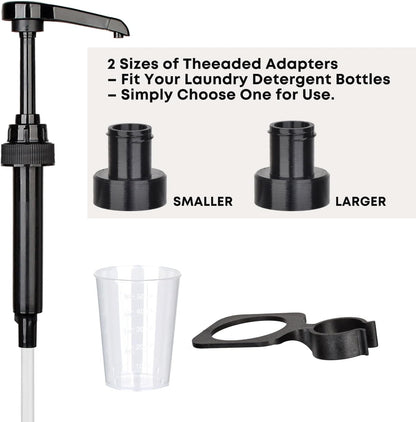 Vent Hole Pump for Liquid Laundry Detergent Bottle Dispenser Pump with Cup Holder and Measuring Cup, Ideal for Laundry Room Accessories Storage Organization, Made to Fit All, 1 Pack, Black