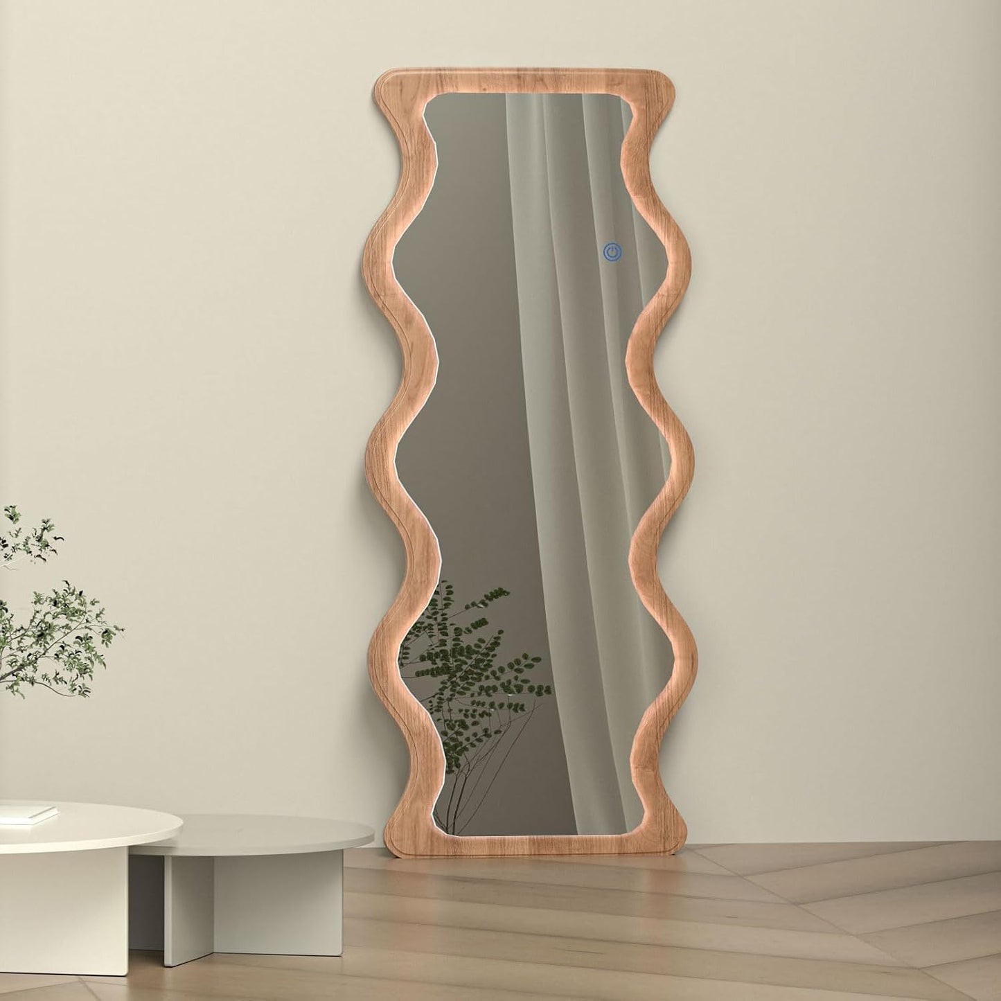 65" x 24" LED Wavy Full Length Mirror Wood Framed Full Body Mirror with Lights,Shatter-Proof Hanging/Leaning Irregular Wall Mirror Wooden Floor Mirror for Dressing Bedroom Living Room