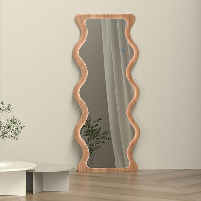65" x 24" LED Wavy Full Length Mirror Wood Framed Full Body Mirror with Lights,Shatter-Proof Hanging/Leaning Irregular Wall Mirror Wooden Floor Mirror for Dressing Bedroom Living Room