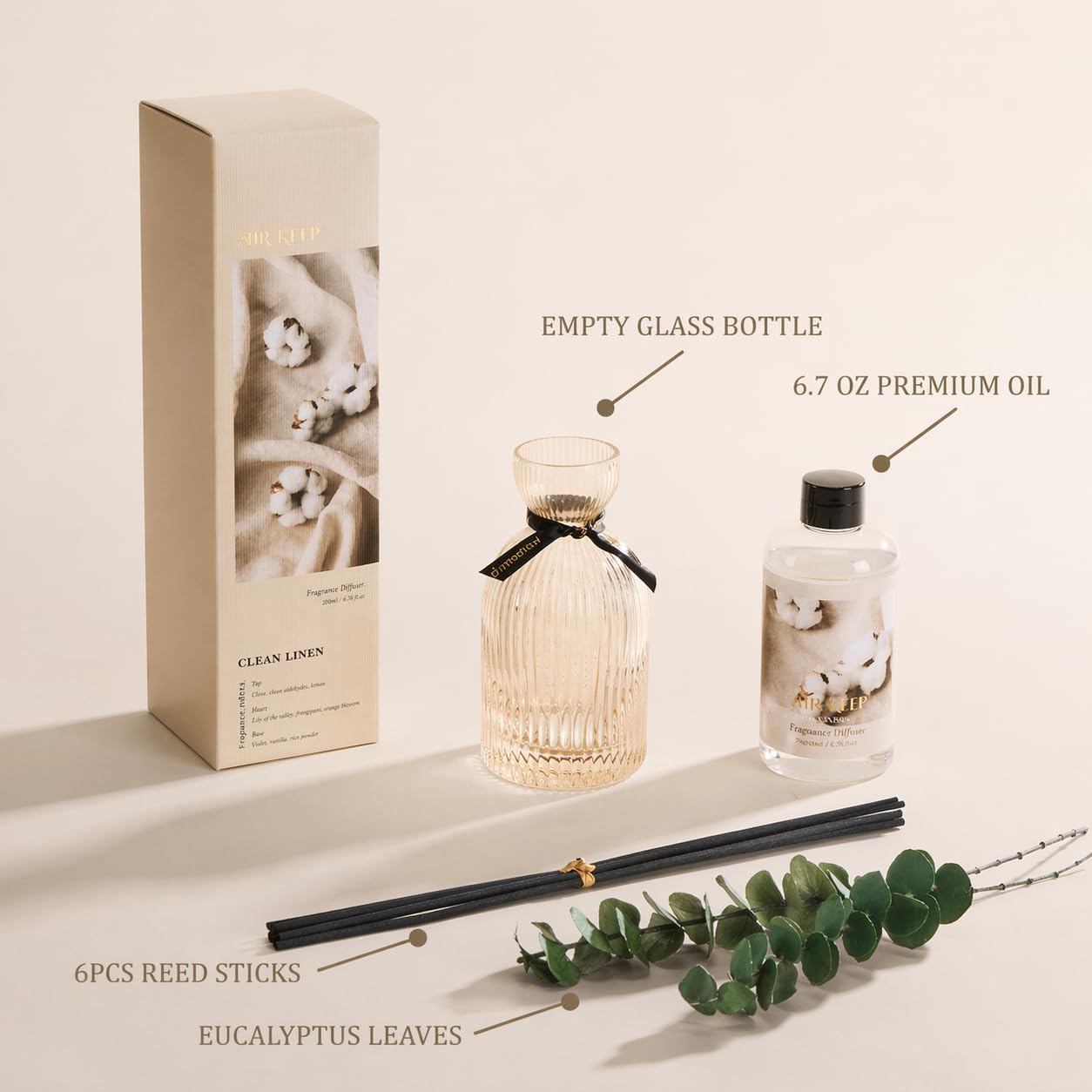 Airkeep Reed Diffuser Set 6.76 oz – Cherry Blossom Home Fragrance with Eucalyptus Sticks – Decorative Glass Bottle for Bathroom, Bedroom & Living Room Décor – Gift Ready