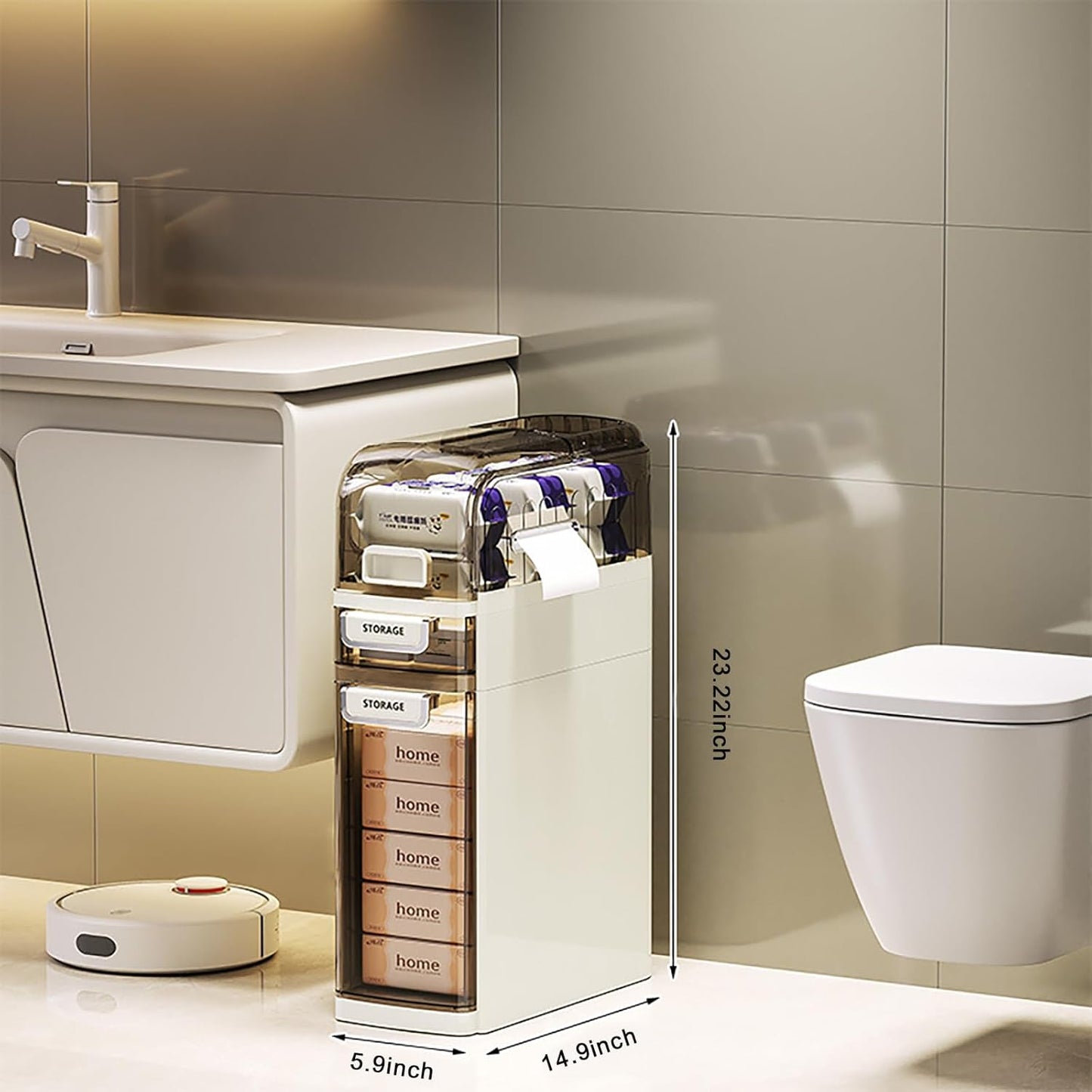 3-Tiers Slim Narrow Bathroom Storage Cabinet with Drawers, Waterproof Skinny Bathroom Storage Floor Cabinet with Tissue Box and Wheels for Small Spaces