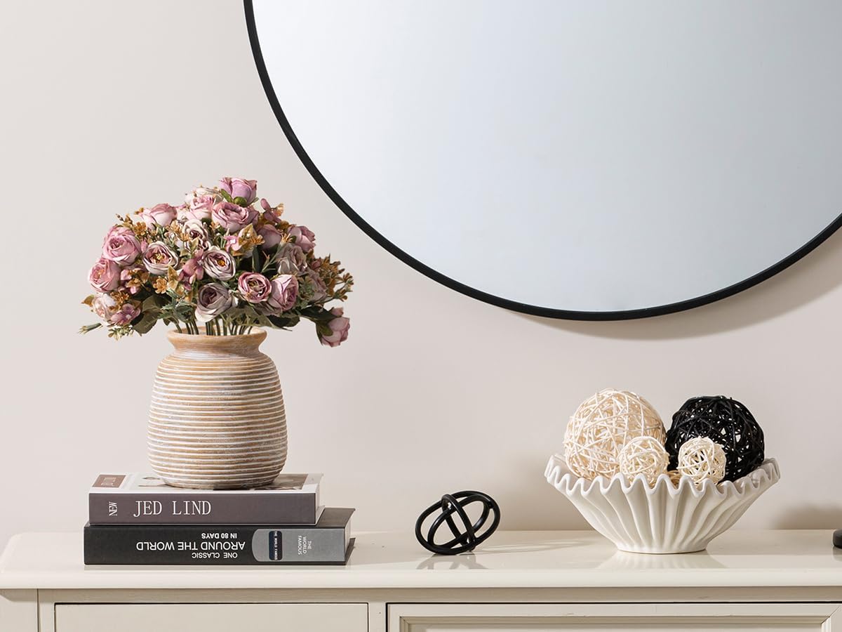 Ceramic Flower Vase, Small Rustic Farmhouse Vases Home Decor, Short Pottery Decorative Pampas Vase for Table Living Room Entryway Mantel Bookshelf Bedroom Bathroom Kitchen - 6" W