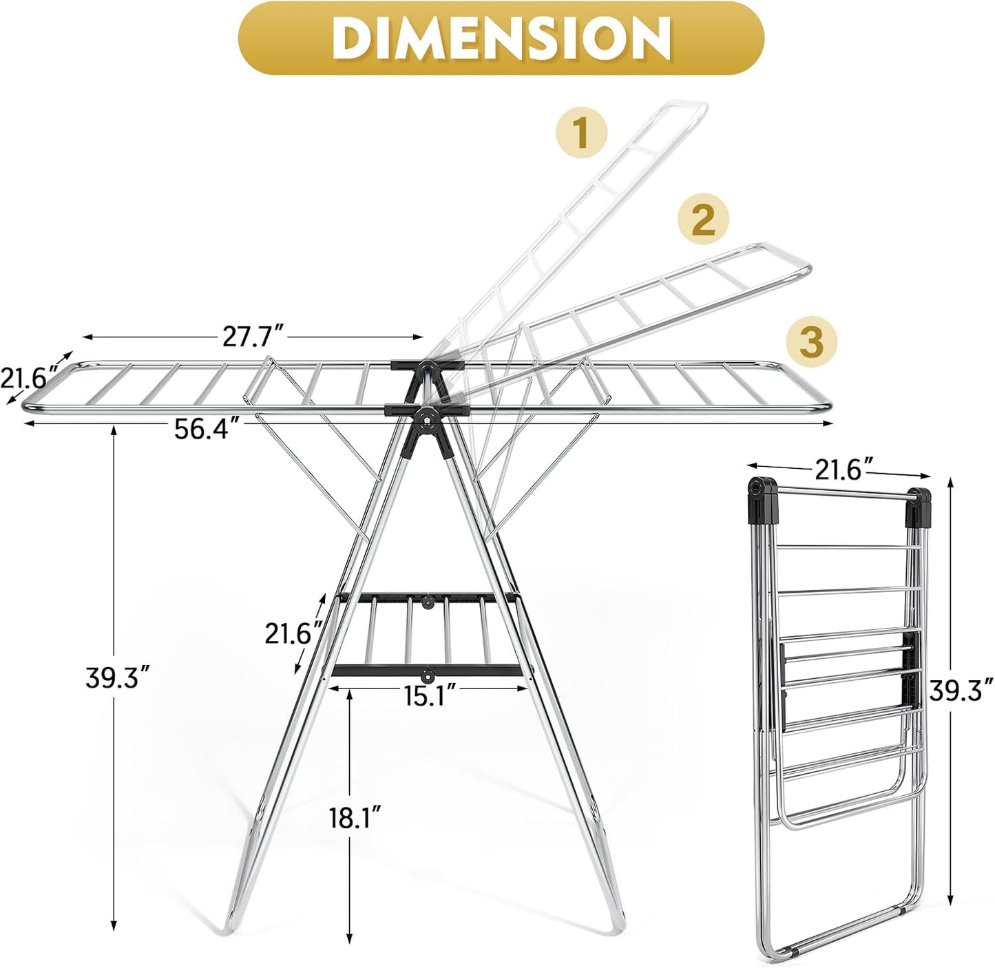 APEXCHASER Large Stainless Steel Clothes Drying Rack, Drying Rack Clothing with Height-Adjustable, Foldable Gullwings Laundry Rack, Indoor Outdoor Use, No Assembly,Black