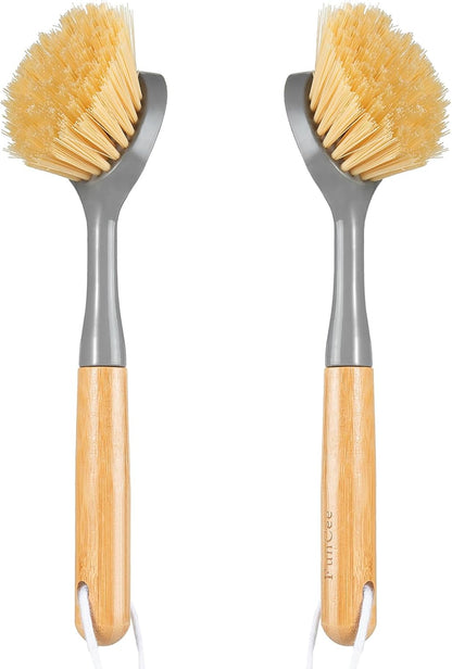 FunCee 2 Pack Kitchen Dish Brushes with Bamboo Handle, Dish Scrubber Built-in Scraper, Scrub Brush for Pans, Pots, Counter & Kitchen Sink Cleaning, Dishwashing and Cleaning Brush Tools, White