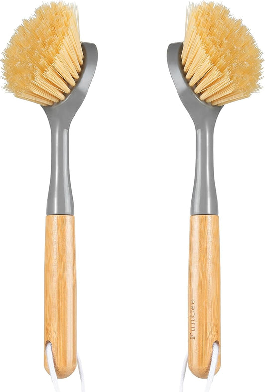 FunCee 2 Pack Kitchen Dish Brushes with Bamboo Handle, Dish Scrubber Built-in Scraper, Scrub Brush for Pans, Pots, Counter & Kitchen Sink Cleaning, Dishwashing and Cleaning Brush Tools, White