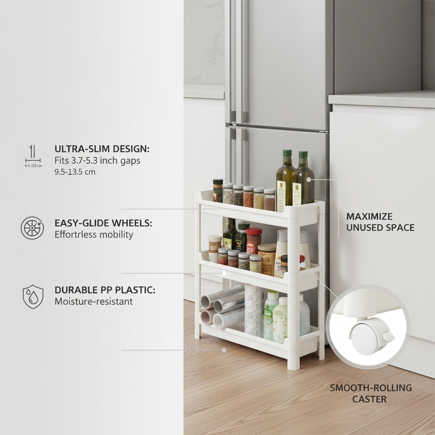 Slim Rolling Storage Cart, White | Plastic Utility Organizer, With Wheels, For Narrow Gaps, Kitchen and Bathroom