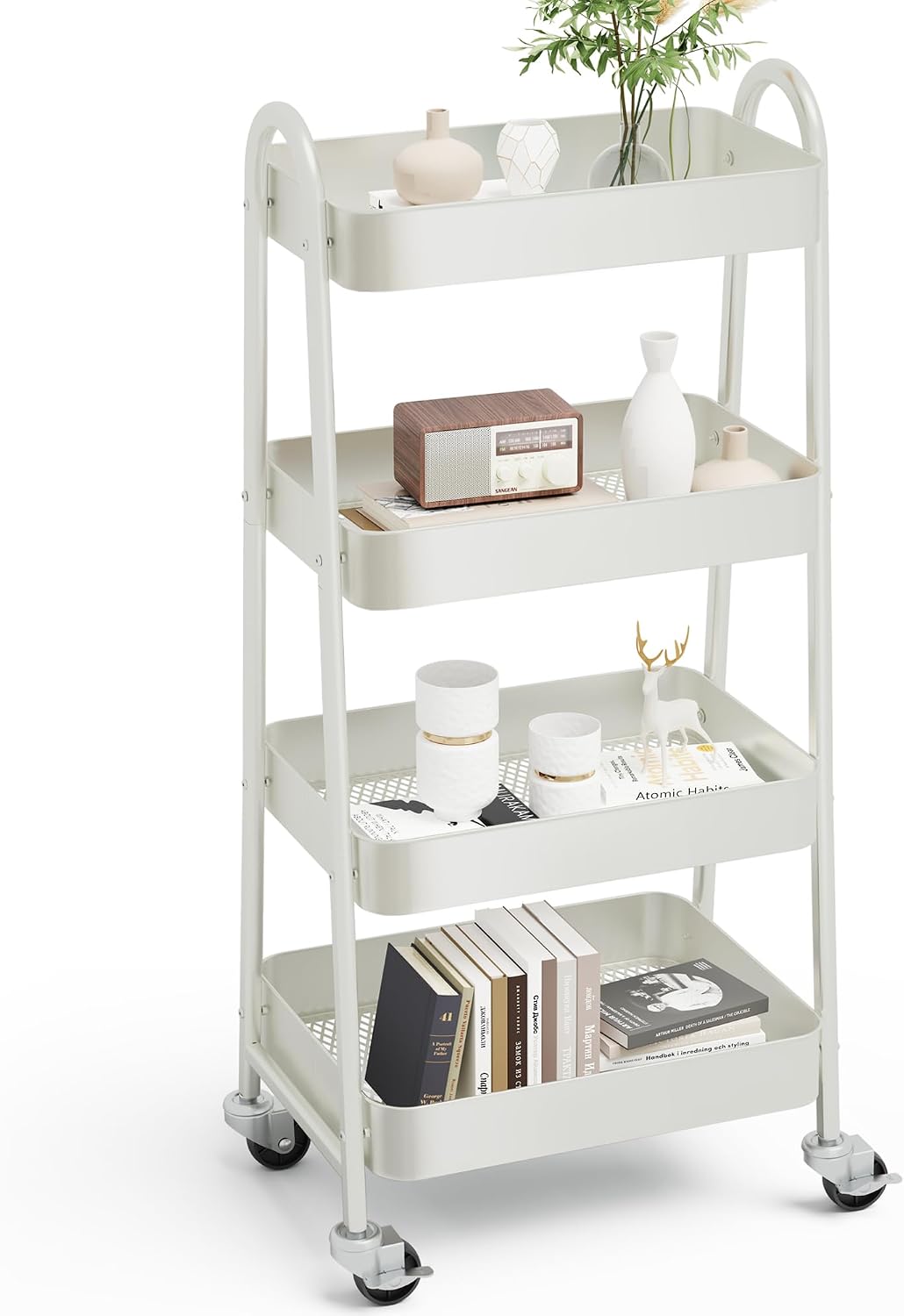 OLIXIS Metal 4 Tiers Utility Rolling Cart, Mobile Storage Shelf with Lockable Caster Wheels, Organization for Livingroom, Bathroom, Kitchen, & Narrow Places, 4-Tier Green