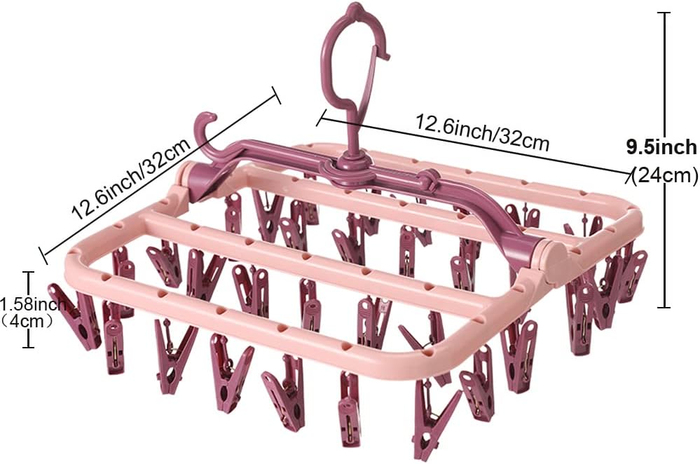 Foshine Clothes Drying Racks Foldable Clip Hangers Plastic with 32 Clips | Clip Hangers Wind-Proof Hook Underwear Hanger For Socks Bras Blue
