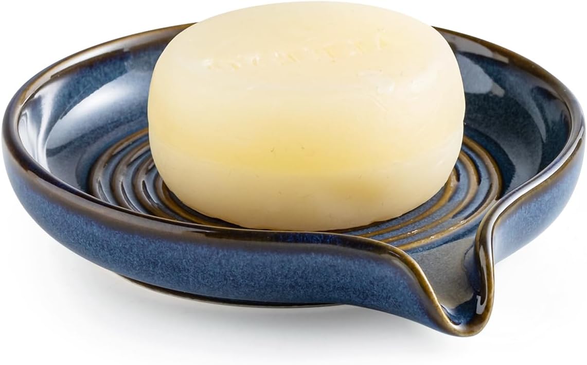 Self Draining Soap Dish, Ceramic Drain Soap Holder Waterfall Design Soap Saver for Shower, Bathroom, Sink, Kitchen and Countertop, Keeps Dry, Green