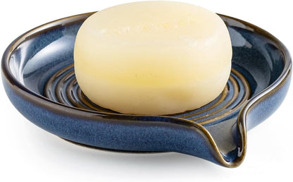 Self Draining Soap Dish, Ceramic Drain Soap Holder Waterfall Design Soap Saver for Shower, Bathroom, Sink, Kitchen and Countertop, Keeps Dry, Green