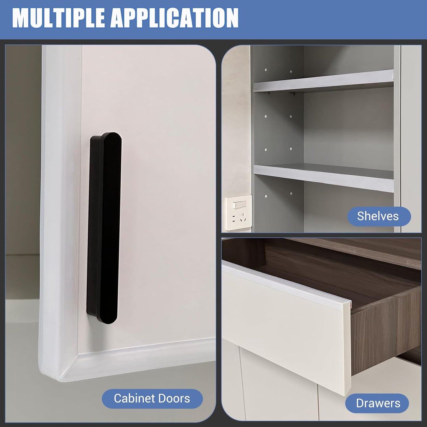 Slimline Cabinet Door Edge Protector, 3/4" Self Adhesive Peel and Stick Rubber Edge Guards, Flexible U Shaped Strips for Kitchen & Garbage Drawer Fronts, Edge Trims for Desks and Shelfves, Black, 10Ft
