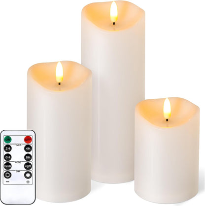 Outdoor Flameless Candles with Remote Timer - Waterproof Realistic Flickering LED Pillar Electric Battery Operated Fake Candle for Holiday Home Wedding Fireplace Decor - Ivory White 3 Pack (4”6”8”)