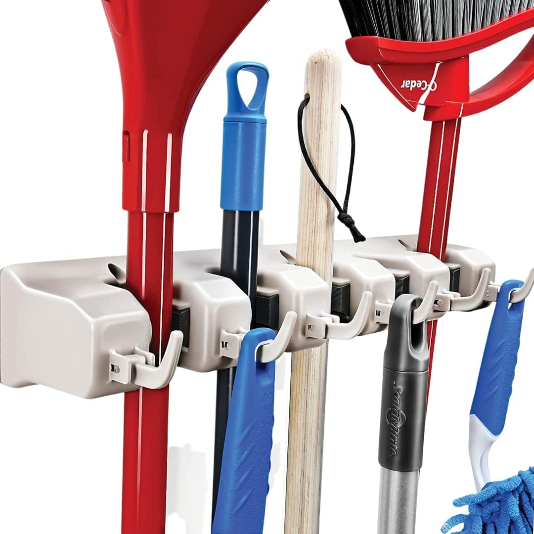Mop and Broom Holder Wall Mount - Garage Storage Organizer with 5 Slots, 6 Hooks, 7.5lbs Capacity Per Slot - Home, Kitchen, Closet, Garden Tools, Laundry Room Organization – Black Broom Hanger