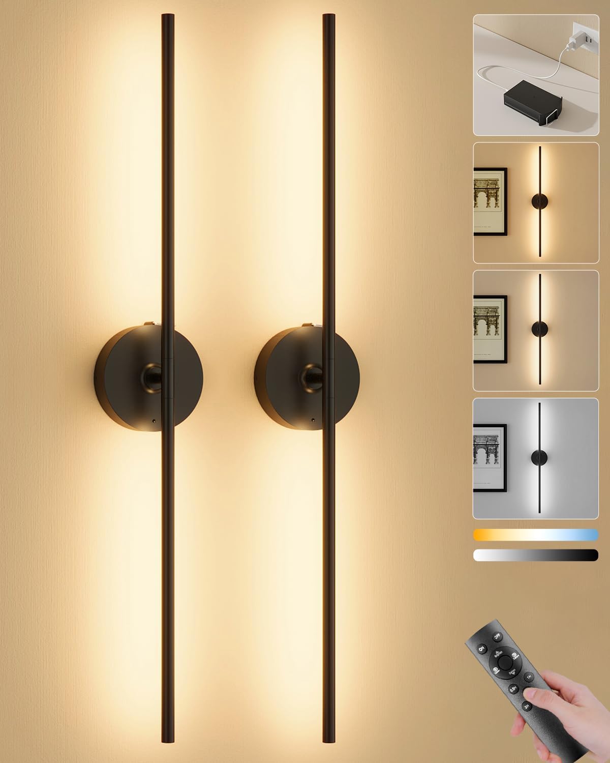Ouyulong Battery Operated Wall Sconces Set of 2, 10000mAh Wireless Rechargeable 3000-6000K Dimmable 350° Rotate Wall Light with Remote for Living Room, Bedroom 31.6in Black