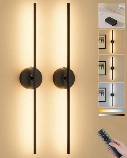 Ouyulong Battery Operated Wall Sconces Set of 2, 10000mAh Wireless Rechargeable 3000-6000K Dimmable 350° Rotate Wall Light with Remote for Living Room, Bedroom 31.6in Black