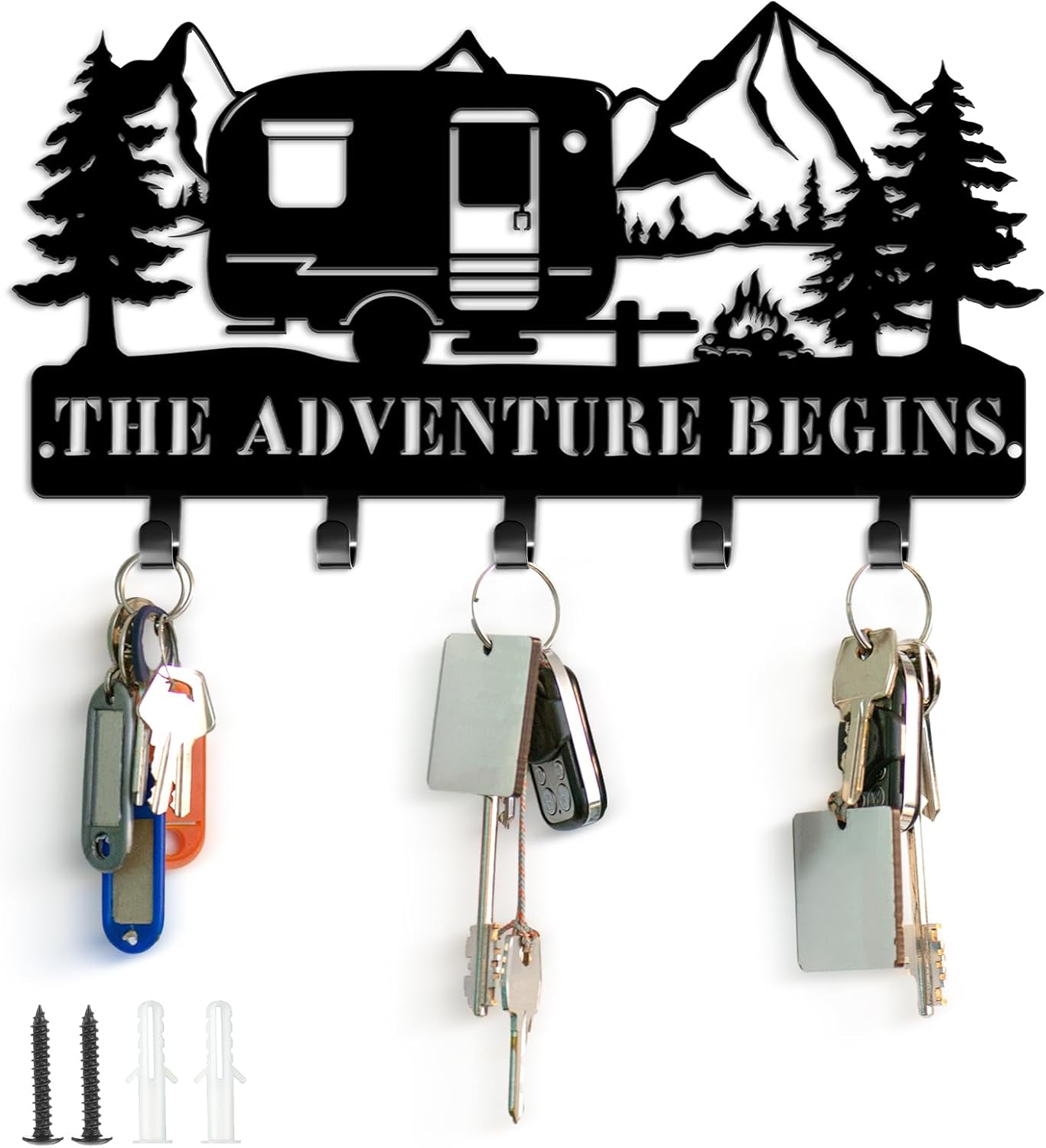 Maitys Keyholder Wall Decorative Metal Camper Key Rack Hanger with Hooks Christmas Decor Rustic Key Hook for Wall Mounted Decor for Entryway Front Door(11.02 x 5.51 Inch,Adventure Style)