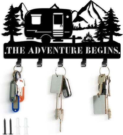 Maitys Keyholder Wall Decorative Metal Camper Key Rack Hanger with Hooks Christmas Decor Rustic Key Hook for Wall Mounted Decor for Entryway Front Door(11.02 x 5.51 Inch,Adventure Style)