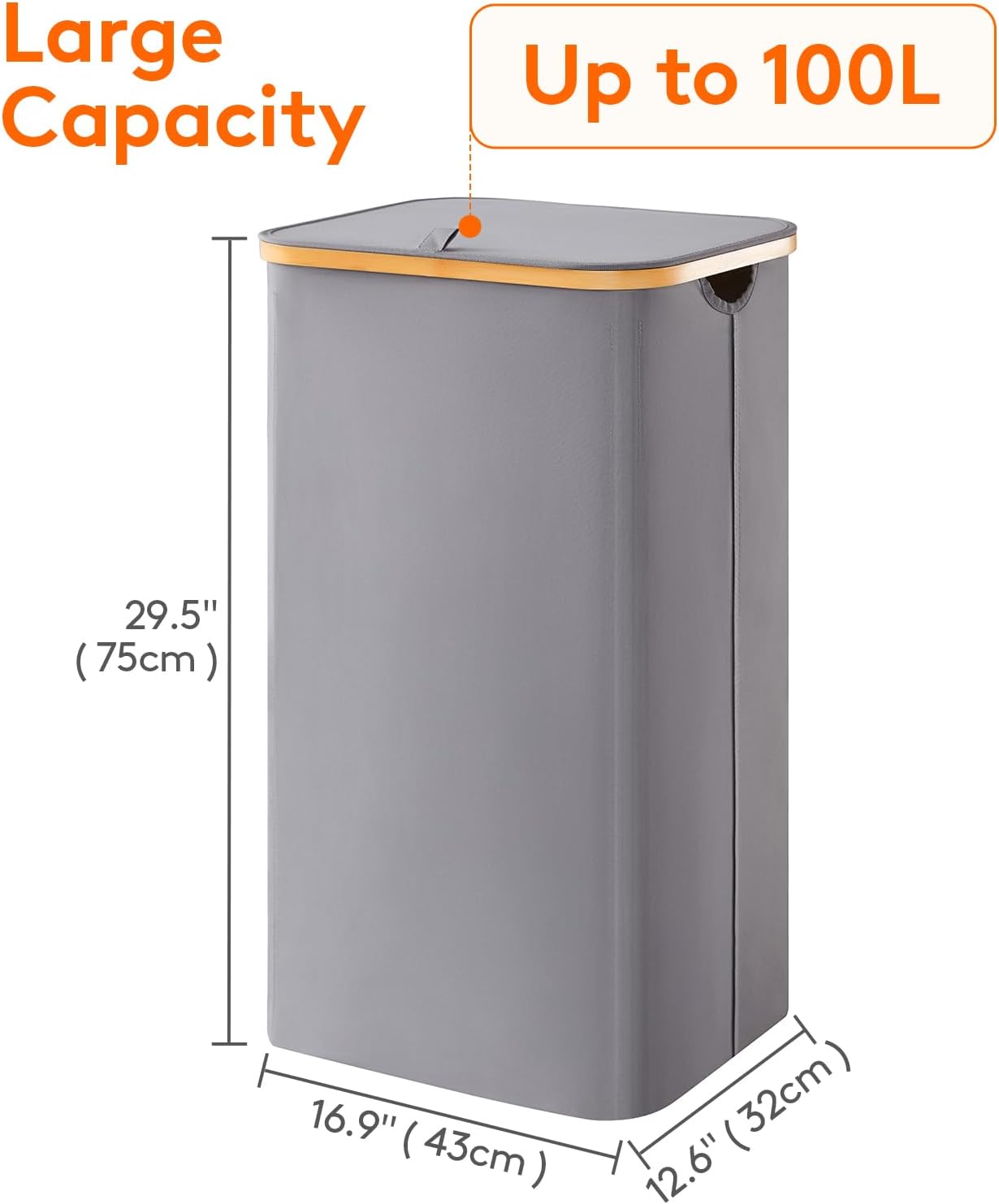 Lifewit 120L Laundry Basket with Lid, Clothes Hampers for Laundry with Bamboo Handles and 2 Removable Bag, Large Foldable Laundry Hamper for Bedroom, Bathroom, Dorm, Laundry Room, Beige