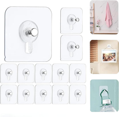 Adhesive Hooks for Wall 15lb Capacity Heavy Duty Transparent Wall Hangers for Bathroom Kitchen and Offices Waterproof Oil Resistant No Drill Utility Hooks for Organization (12)