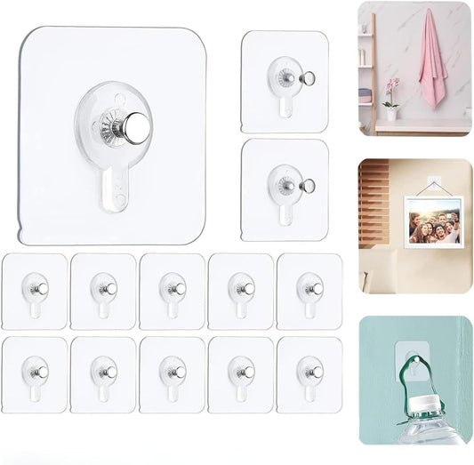 Adhesive Hooks for Wall 15lb Capacity Heavy Duty Transparent Wall Hangers for Bathroom Kitchen and Offices Waterproof Oil Resistant No Drill Utility Hooks for Organization (12)