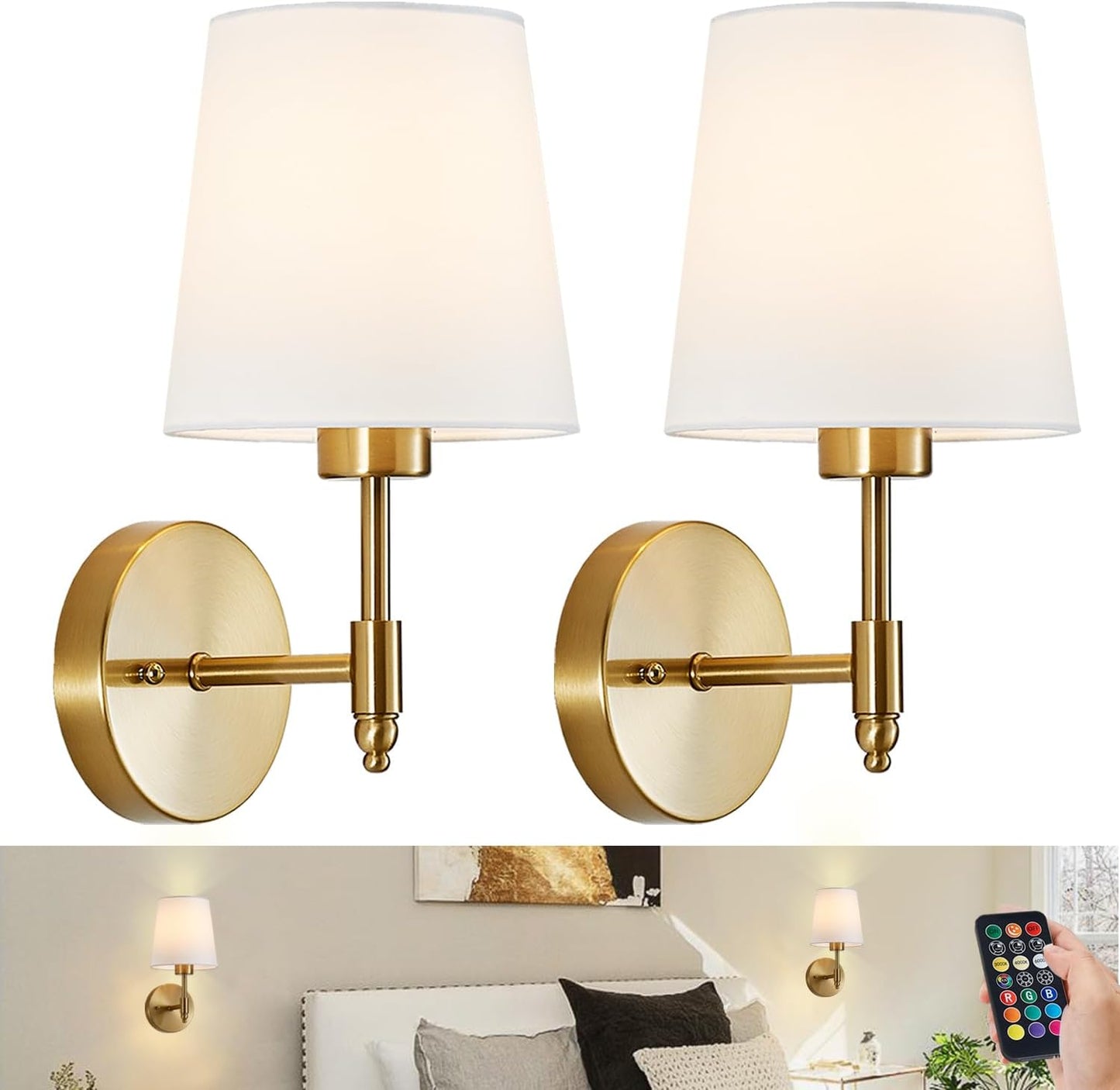 Battery Operated Wall Sconce Set of 2, Brushed Gold Rechargeable Wall Lights with Remote Control and Dimmable LED Bulbs, 13 Light Colors Wireless Wall Lamps for Bedroom Living Room Hallway (Gold)