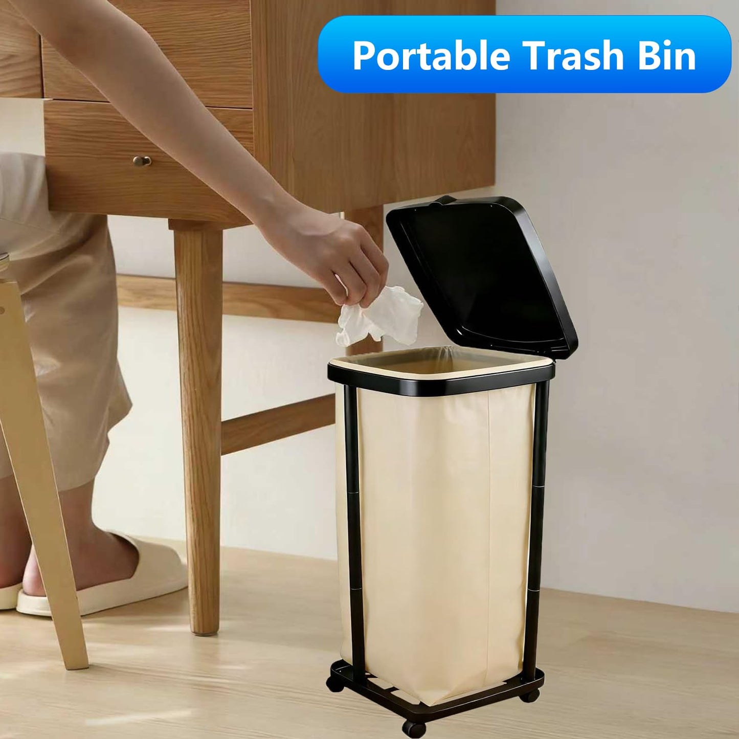 Foldable Trash Bag Holder with Cover and 4 Wheels - 3 Level Adjustable Height Plastic Trash Bag Holder, 13 Gallon Trash Can, for Kitchen Camping Yard RV Indoor Outdoor