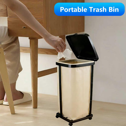 Foldable Trash Bag Holder with Cover and 4 Wheels - 3 Level Adjustable Height Plastic Trash Bag Holder, 13 Gallon Trash Can, for Kitchen Camping Yard RV Indoor Outdoor