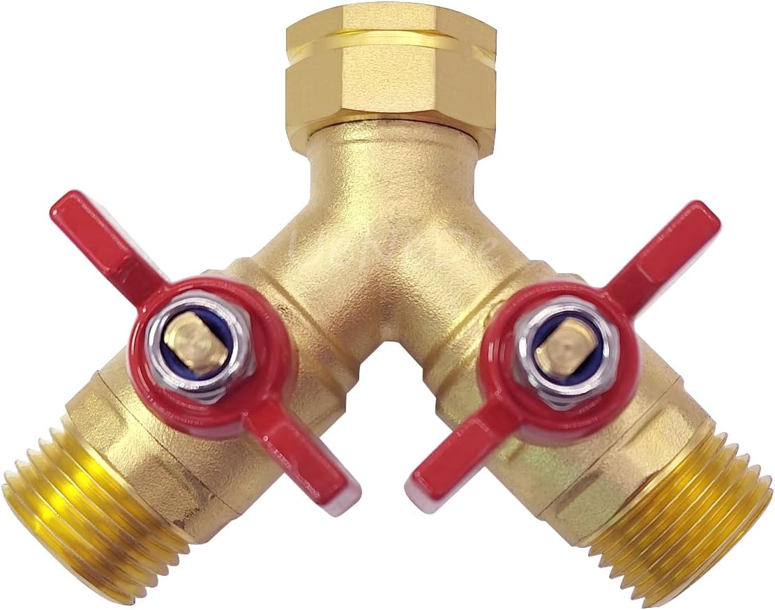 Uenede Brass Full Flow Garden Hose Splitter 3/4" GHT Heavy Duty 2 Way Y Valve Water Hose Shut Off Outdoor Faucet Splitter Connector Adapter with Long Handle
