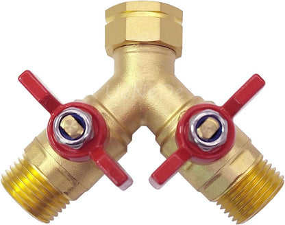 Uenede Brass Full Flow Garden Hose Splitter 3/4" GHT Heavy Duty 2 Way Y Valve Water Hose Shut Off Outdoor Faucet Splitter Connector Adapter with Long Handle