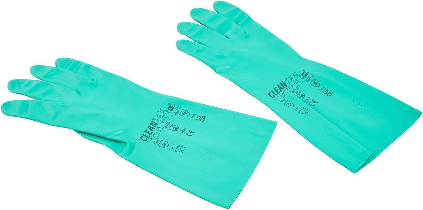 Restaurantware-Clean Tek Professional 15 Mil XXL Cleaning Gloves, 1 Pair Of Long Cuff Gloves - Flock Lining, No-Powder, Green Nitrile Chemical Tolerant Gloves, No-Latex, Heavy-Duty Tasks