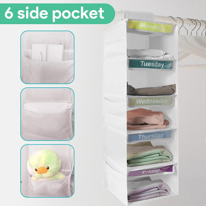 5-Shelf Weekly Clothes Organizer for Kids Days of The Week Hanging Storage Shelves Dorm Room Essential Daily Shelf Hanging Closet Organizer with 6 Side Pockets…