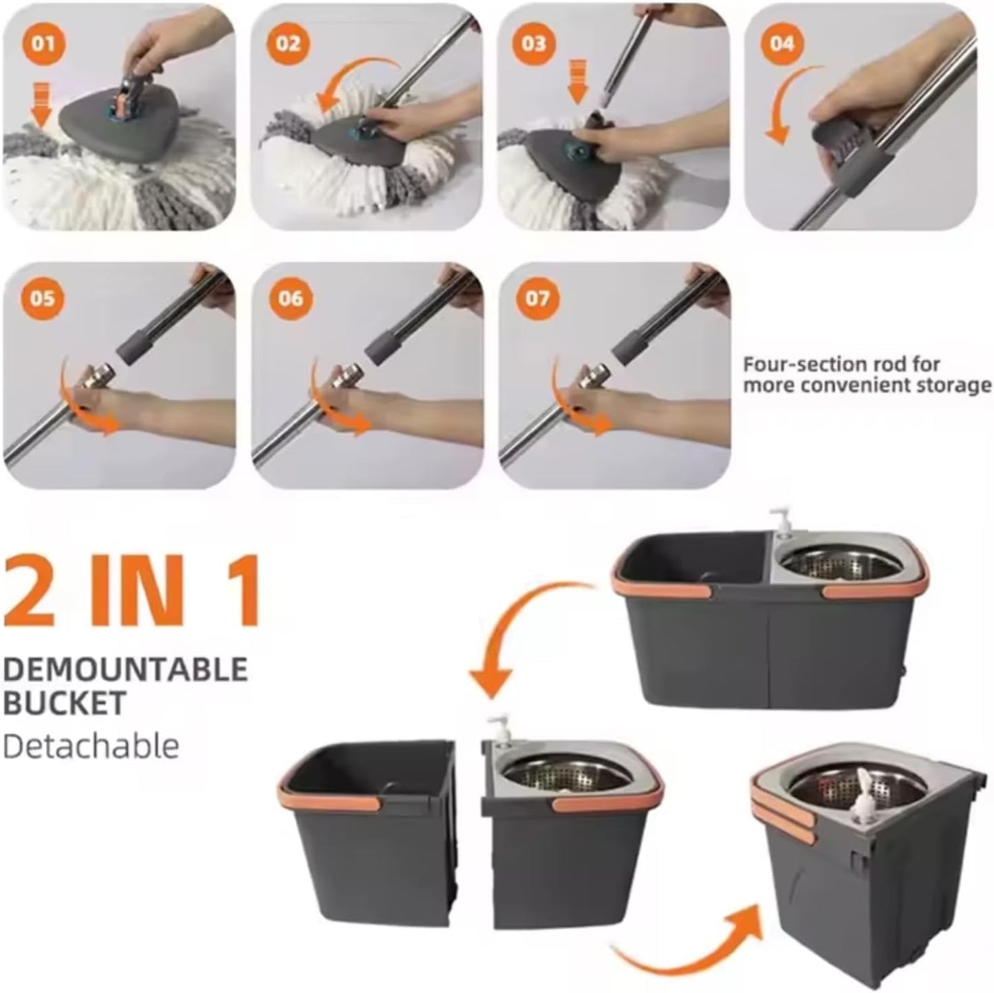 360° Rotating Spin Mop and Foldable Bucket Set, Dual Clean & Dirty Water System, Hands-Free Easy Spin Wringing, Heavy-Duty Microfiber Mop with 2 Mop Heads for All Floor Types (TWINS - LV-A03-1)