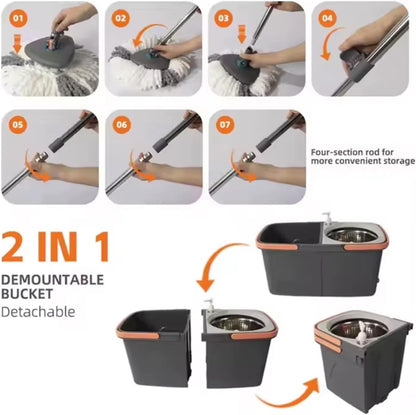 360° Rotating Spin Mop and Foldable Bucket Set, Dual Clean & Dirty Water System, Hands-Free Easy Spin Wringing, Heavy-Duty Microfiber Mop with 2 Mop Heads for All Floor Types (TWINS - LV-A03-1)