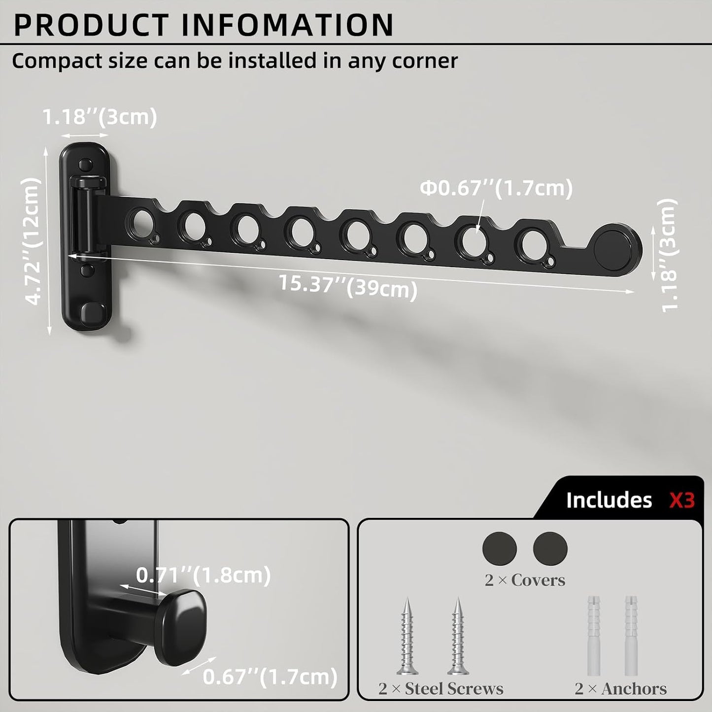 Wall Mounted Clothes Hanger Rack Foldable Drying Rack Hook Folding Indoor for Laundry Room Organization Bedroom Collapsible Racks Perfect for Small Spaces, 6 Hole Black 1 Packs