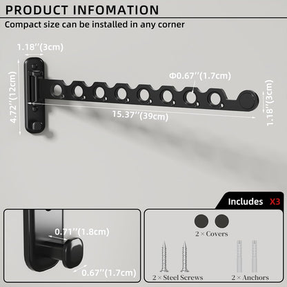 Wall Mounted Clothes Hanger Rack Foldable Drying Rack Hook Folding Indoor for Laundry Room Organization Bedroom Collapsible Racks Perfect for Small Spaces, 6 Hole Black 1 Packs